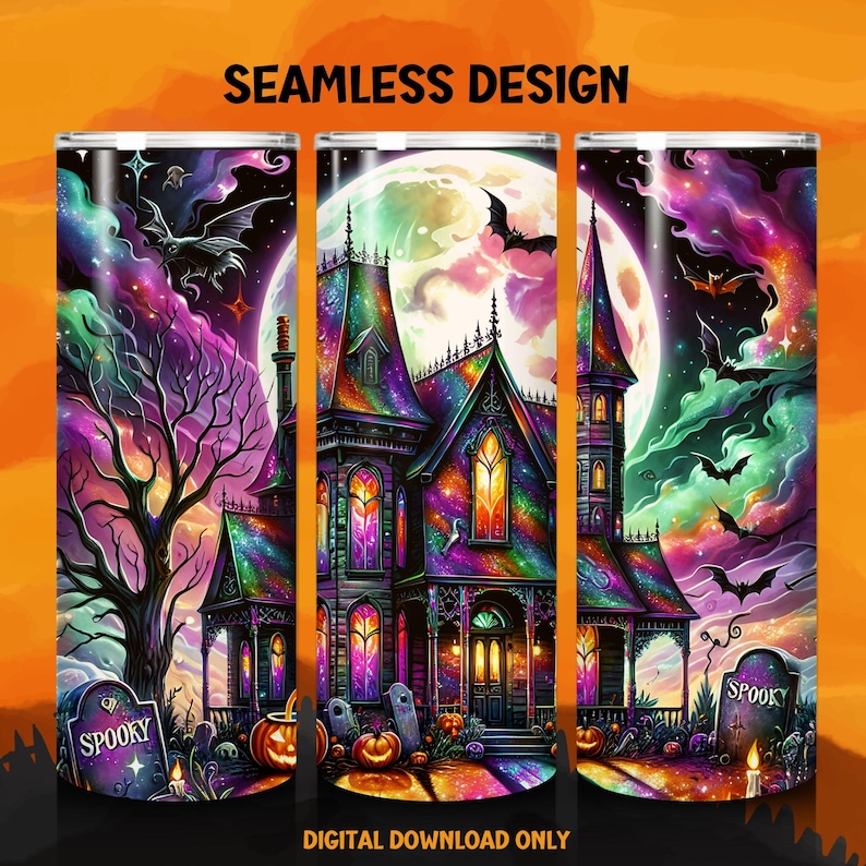 Haunted House Halloween Tumbler Wrap, Skinny Tumbler Wrap, Tumbler Sublimation PNG, Faux Glitter Png, Halloween Sublimation, Commercial Use