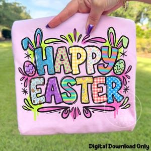 Glad påsk PNG, Doodle påsktröjadesign, Barnpåsk PNG, Rutig påskdesign, Sublimeringsfiler