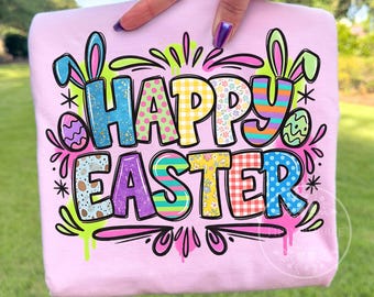 Happy Easter PNG, Doodle Easter Shirt Design, Kids Easter PNG, Checkered Easter Design, Sublimation Files