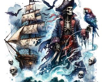 Dessins de sublimation squelette de pirate, squelette effrayant PNG, dessins de pirate Halloween PNG, squelette de pirate PNG, usage commercial, fichiers numériques