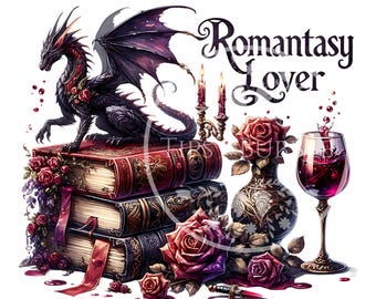 Fantasy Books PNG, Floral Dragon Design, Sublimation Files, Romantasy Book Clipart, Dragon Book Lover PNG, Digital Download, Commercial Use