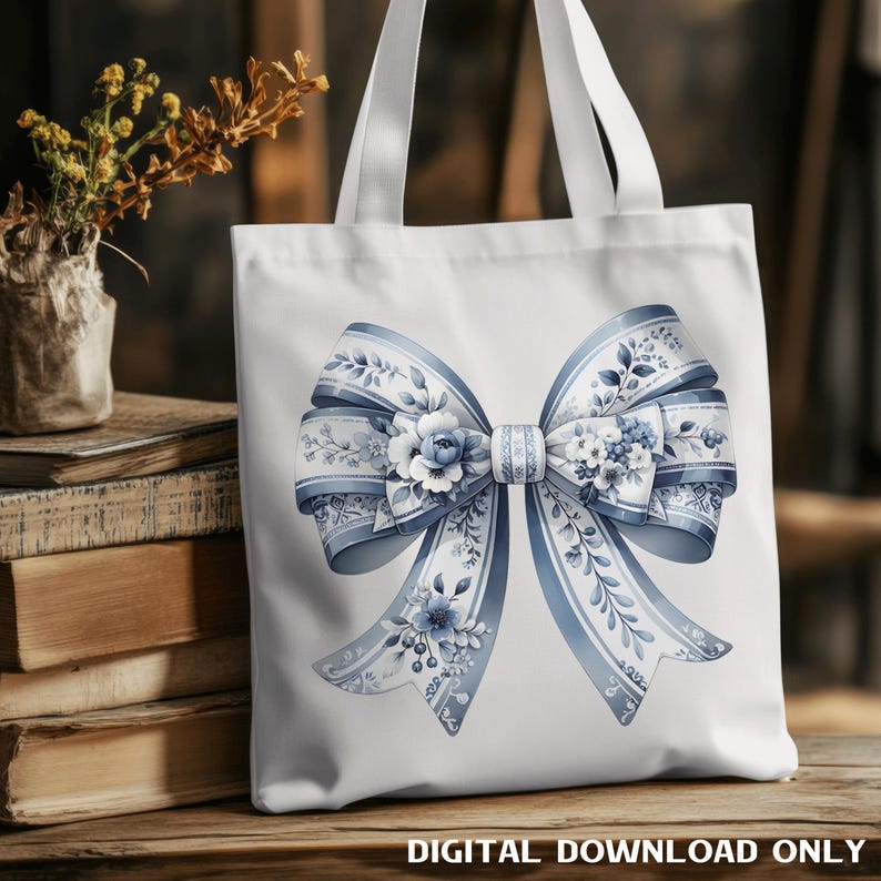 Coquette Bow Blue Floral Clipart Bundle, Sublimation File, Cute Watercolor Floral Bow PNG, Retro Sublimation Design, Commercial Use, Digital