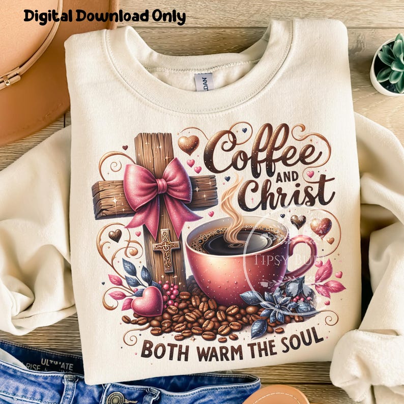 Christian Coffee PNG, Christian Shirt Designs, Sublimation Files, Trendy Coquette Cross PNG File, Commercial Use, Digital Download