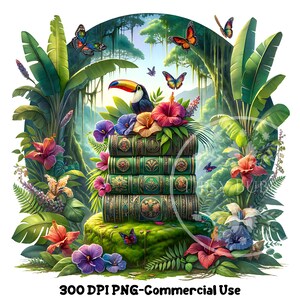Pode incluir: Uma pilha de quatro livros verdes com detalhes dourados e desenhos intrincados se encontra sobre uma base de musgo cercada por uma vegetação tropical exuberante, flores vibrantes e borboletas.