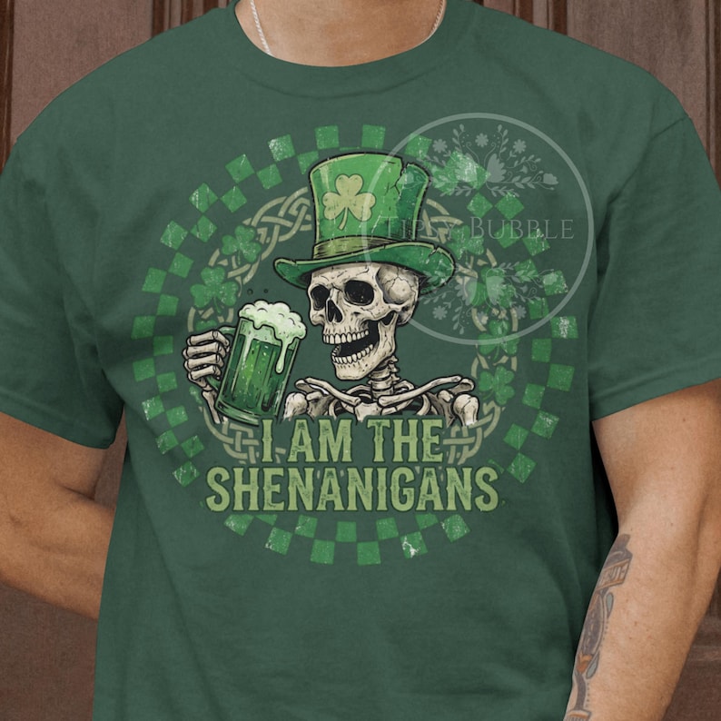 St. Patricks Day Skeleton PNG, Funny Skeleton Shirt Design, Checkered St. Patrick's Day PNG, Men's Sublimation File, Shenanigans PNG