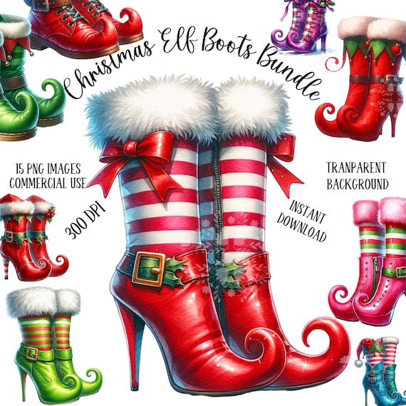 Christmas Watercolor Elf Boots Clipart, Elf Clipart, Christmas PNG, Christmas Clipart, Christmas Sublimation, Cute Christmas PNG, Cute Elf