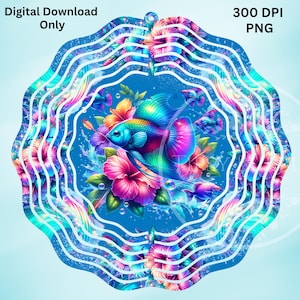 May include: A vibrant, circular digital download featuring a colorful fish with flowing fins, surrounded by hibiscus flowers and other fish. The design is set against a blue background with white wave-like borders. Text includes "Digital Download Only" and "300 DPI PNG".