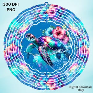 May include: A colorful digital download of a circular design featuring a rainbow iridescent sea turtle swimming in blue water with pink and purple hibiscus flowers. The design is surrounded by concentric circles of blue and white.