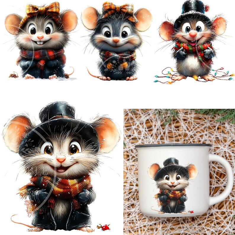 Mouse Clipart Bundle, Quirky Animals Digital Clipart, Sublimation Files, Funny Christmas Mouse PNG,  Cute Sublimation Design, Commercial Use
