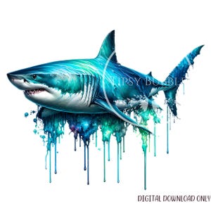 Shark Watercolor Clipart, Shark PNG Shirt Design, Ocean Shark Graphics, Great White Shark PNG, Colorful Sharks, Commercial Use, Digital File