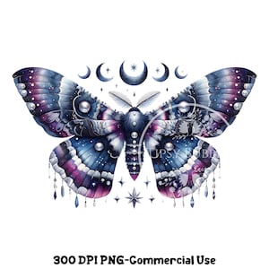 May include: A watercolor illustration of a blue and purple moth with iridescent wings and pearl accents. The moth is surrounded by crescent moons and stars.