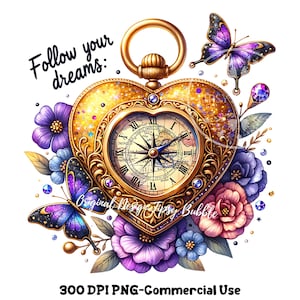 May include: A gold heart-shaped compass with a floral design and the text "Follow your dreams:" surrounded by purple, pink, and blue flowers and butterflies.
