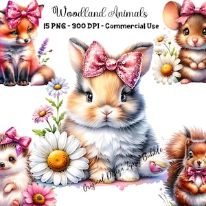 Puede incluir: Un conjunto de 15 ilustraciones digitales de animales del bosque, que incluyen un zorro, un conejito, un ratón, un erizo y una ardilla. Cada animal lleva un lazo rosa y está rodeado de flores. Las ilustraciones son de estilo de dibujos animados y son perfectas para usar en proyectos digitales.