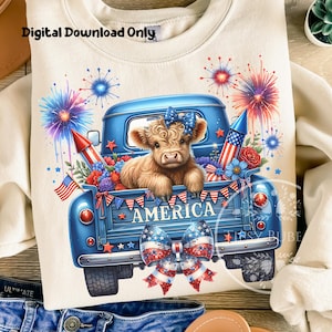 4th of July Highland Cow PNG, Highland Cow Clipart, 4th of July Truck, Coquette Highland Cow Shirt Design, Sublimation Files, Commercial Use