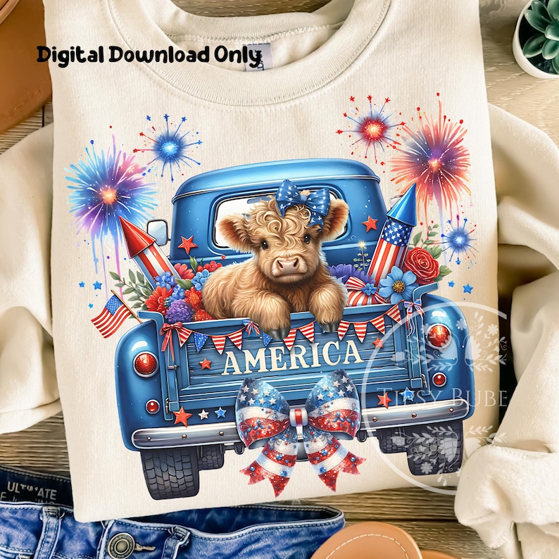4th of July Highland Cow PNG, Highland Cow Clipart, 4th of July Truck, Coquette Highland Cow Shirt Design, Sublimation Files, Commercial Use