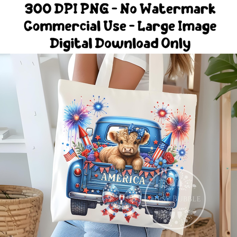 4th of July Highland Cow PNG, Highland Cow Clipart, 4th of July Truck, Coquette Highland Cow Shirt Design, Sublimation Files, Commercial Use