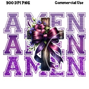 Op de afbeelding: Paars en wit grafisch ontwerp met het woord "AMEN" drie keer herhaald. Een houten kruis met een paarse strik en bloemen bevindt zich in het midden van het ontwerp.