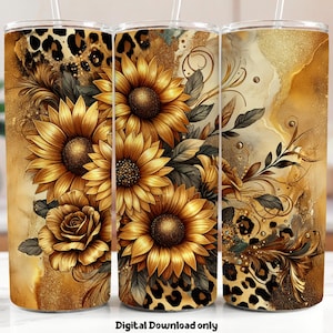 Sunflower Tumbler Wrap, Skinny Tumbler PNG Floral Leopard Print Tumbler Sublimation Files, Golden Sunflower Tumbler Designs, Commercial Use