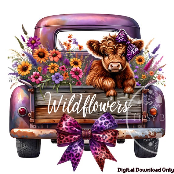 Highland Cow Flowers PNG, Watercolor Wildflowers Clipart, Highland Cow Truck PNG, Highland Cow Sublimation, Commercial Use, Digital Download