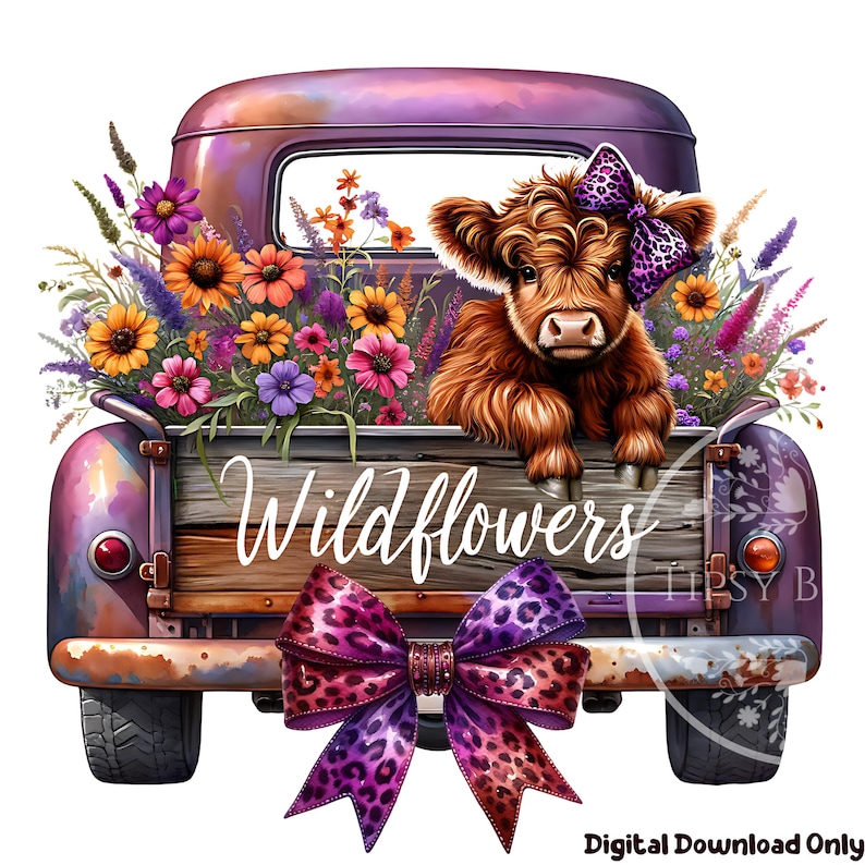 Highland Cow Flowers PNG, Watercolor Wildflowers Clipart, Highland Cow Truck PNG, Highland Cow Sublimation, Commercial Use, Digital Download