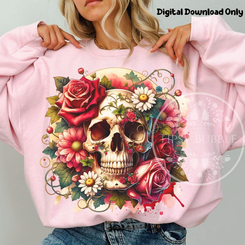 Floral Skull Shirt Design PNG, Sublimation Files, , Flowered Skull PNG, Skull Roses Clipart Skull Sublimation, Commercial Use, Digital Files