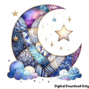 Może przedstawiać: Księżyc w kształcie półksiężyca z patchworkowym wzorem w odcieniach niebieskiego, fioletowego i złotego. Księżyc jest otoczony małymi białymi chmurami i gwiazdami. Księżyc ma złotą gwiazdę wiszącą z niego.