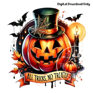 Peut inclure: Illustration numérique d'une citrouille sculptée portant un chapeau haut de forme et une toile d'araignée, entourée de chauves-souris, de feuilles d'automne et d'une bougie allumée. La bannière indique "ALL TRICKS, NO TREATS!" en orange et noir.