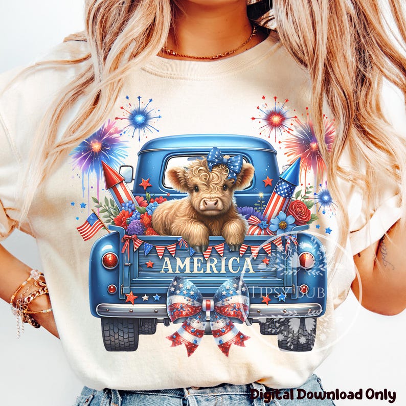 4th of July Highland Cow PNG, Highland Cow Clipart, 4th of July Truck, Coquette Highland Cow Shirt Design, Sublimation Files, Commercial Use