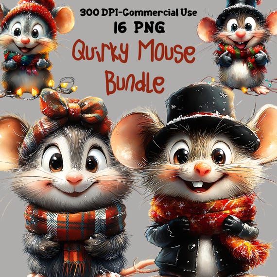 Mouse Clipart Bundle, Quirky Animals Digital Clipart, Sublimation Files, Funny Christmas Mouse PNG, Cute Sublimation Design, Commercial Use