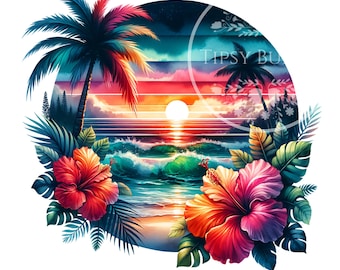 Tropisch strand png, tropische zomer png, strandsublimatiebestanden, zomershirtontwerpen, retro strandzonsondergang, aquarel strand, commercieel gebruik