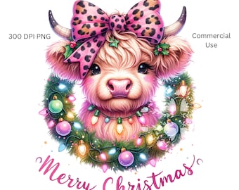 Coquette Pink Christmas PNG, Pinkmas Highland Cow Sublimation, Pink Shirt Design, Pastel Christmas Sublimation, Coquette Highland Cow PNG