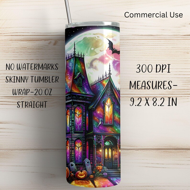 Haunted House Halloween Tumbler Wrap, Skinny Tumbler Wrap, Tumbler Sublimation PNG, Faux Glitter Png, Halloween Sublimation, Commercial Use