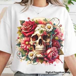 Floral Skull Shirt Design PNG, Sublimation Files, , Flowered Skull PNG, Skull Roses Clipart Skull Sublimation, Commercial Use, Digital Files