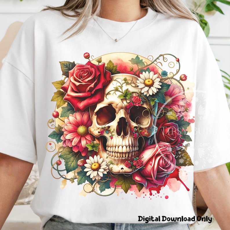Floral Skull Shirt Design PNG, Sublimation Files, , Flowered Skull PNG, Skull Roses Clipart Skull Sublimation, Commercial Use, Digital Files