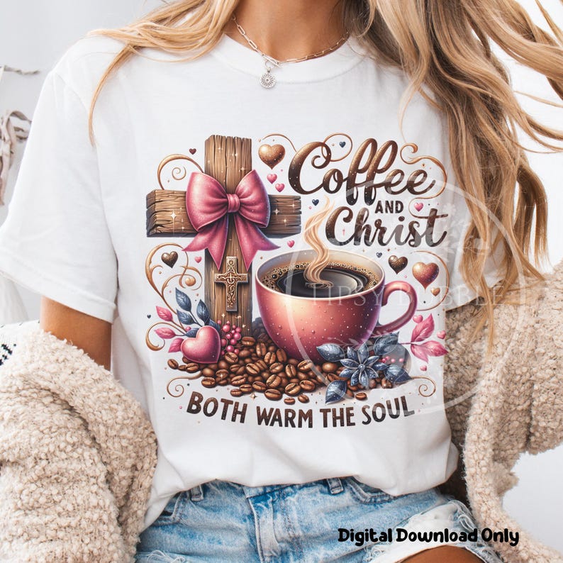 Christian Coffee PNG, Christian Shirt Designs, Sublimation Files, Trendy Coquette Cross PNG File, Commercial Use, Digital Download