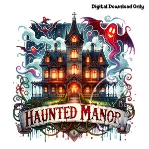 Può includere: Illustrazione digitale di un maniero infestato con finestre illuminate e uno striscione con la scritta "Haunted Manor". L'opera presenta pipistrelli, fantasmi e nuvole vorticose, a tema Halloween.