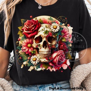 Floral Skull Shirt Design PNG, Sublimation Files, , Flowered Skull PNG, Skull Roses Clipart Skull Sublimation, Commercial Use, Digital Files