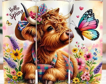 Highland Cow Tumbler Wrap, Skinny Tumbler Sublimation Files, Colorful Flowers, Spring Tumbler PNG, Hello Spring, Commercial Use, Digital PNG