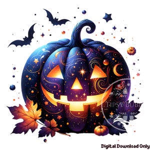 May include: A digital illustration of a glowing jack-o'-lantern with a smiling face, surrounded by bats, stars, and leaves. The pumpkin is dark blue with gold swirls and a carved face that glows orange. The text "Digital Download Only" is at the bottom.