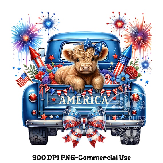 4th of July Highland Cow PNG, Highland Cow Clipart, 4th of July Truck, Coquette Highland Cow Shirt Design, Sublimation Files, Commercial Use