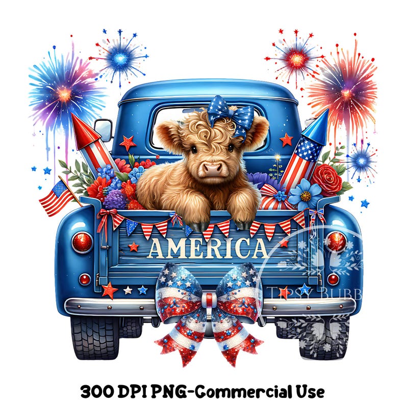 4th of July Highland Cow PNG, Highland Cow Clipart, 4th of July Truck, Coquette Highland Cow Shirt Design, Sublimation Files, Commercial Use.