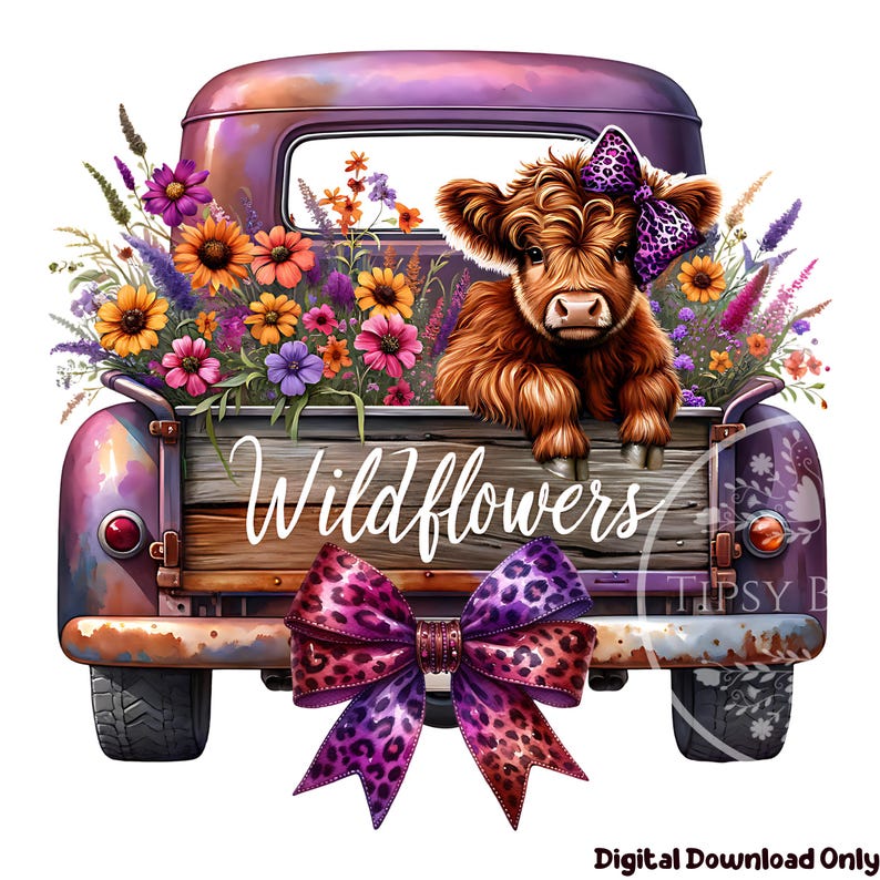 Highland Cow Flowers PNG, Watercolor Wildflowers Clipart, Highland Cow Truck PNG, Highland Cow Sublimation, Commercial Use, Digital Download