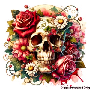 Floral Skull Shirt Design PNG, Sublimation Files, , Flowered Skull PNG, Skull Roses Clipart Skull Sublimation, Commercial Use, Digital Files