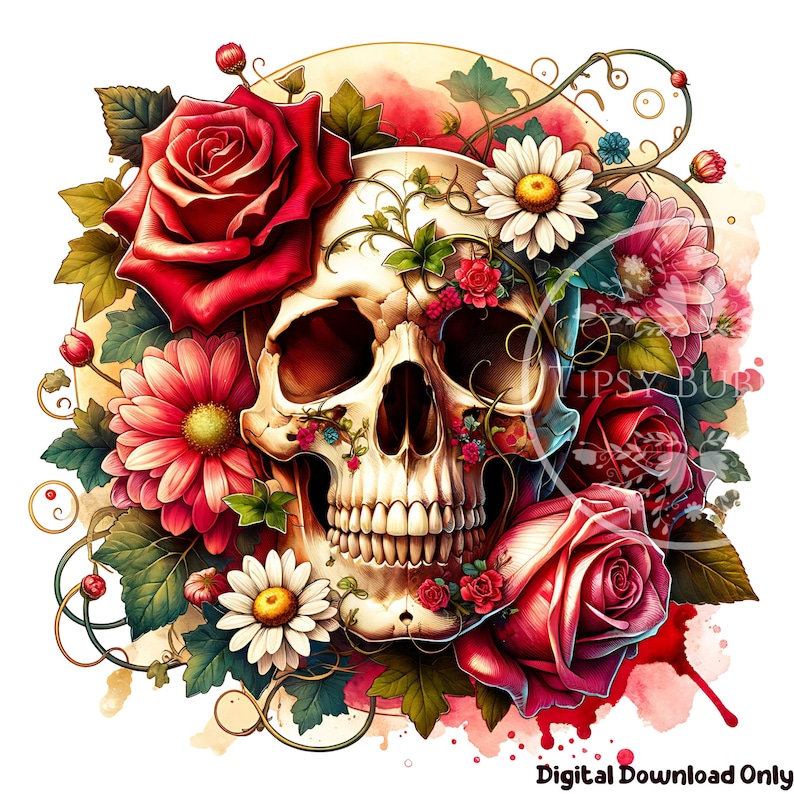 Floral Skull Shirt Design PNG, Sublimation Files, , Flowered Skull PNG, Skull Roses Clipart Skull Sublimation, Commercial Use, Digital Files