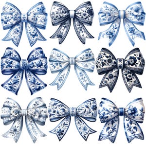 Coquette Bow Blue Floral Clipart Bundle, Sublimation File, Cute Watercolor Floral Bow PNG, Retro Sublimation Design, Commercial Use, Digital