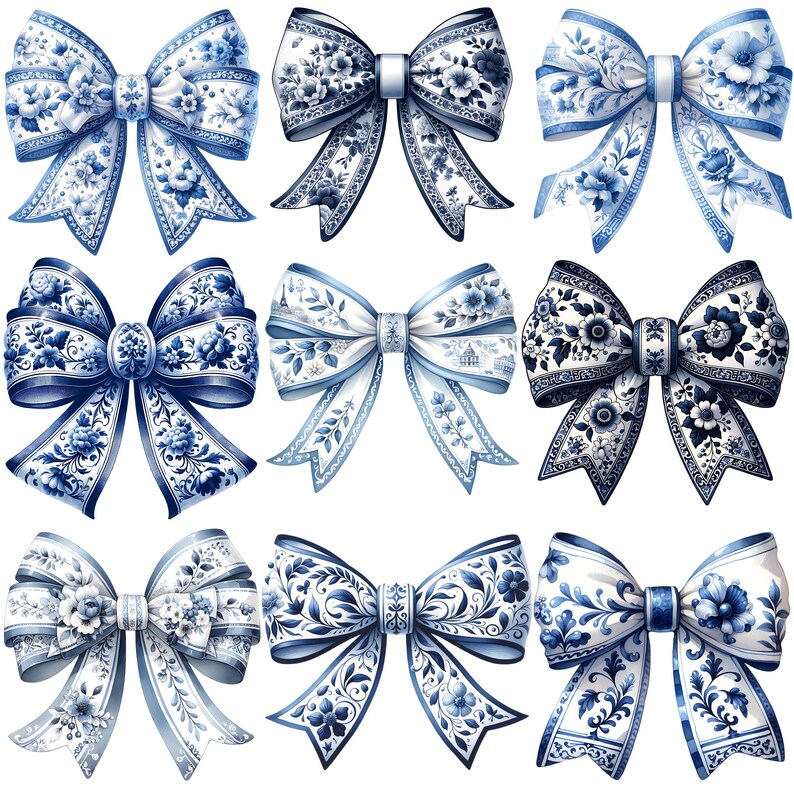 Coquette Bow Blue Floral Clipart Bundle, Sublimation File, Cute Watercolor Floral Bow PNG, Retro Sublimation Design, Commercial Use, Digital