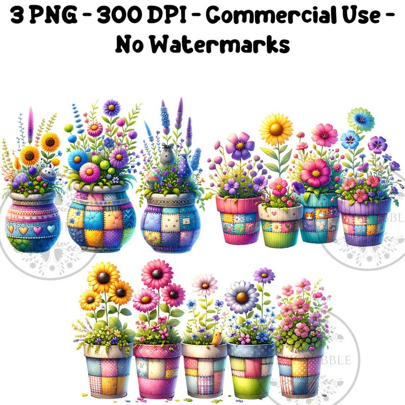 Colorful Flowers PNG, Spring Flowers Clipart, Flower Pots Clipart, Sublimation Files, Whimsical Flowers, Floral Sublimation, Commercial Use