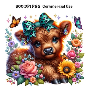 Spring Baby Highland Cow PNG, Watercolor Clipart, Highland Cow and Flowers PNG, Highland Cow Sublimation, Cute Shirt Designs, Commercial Use