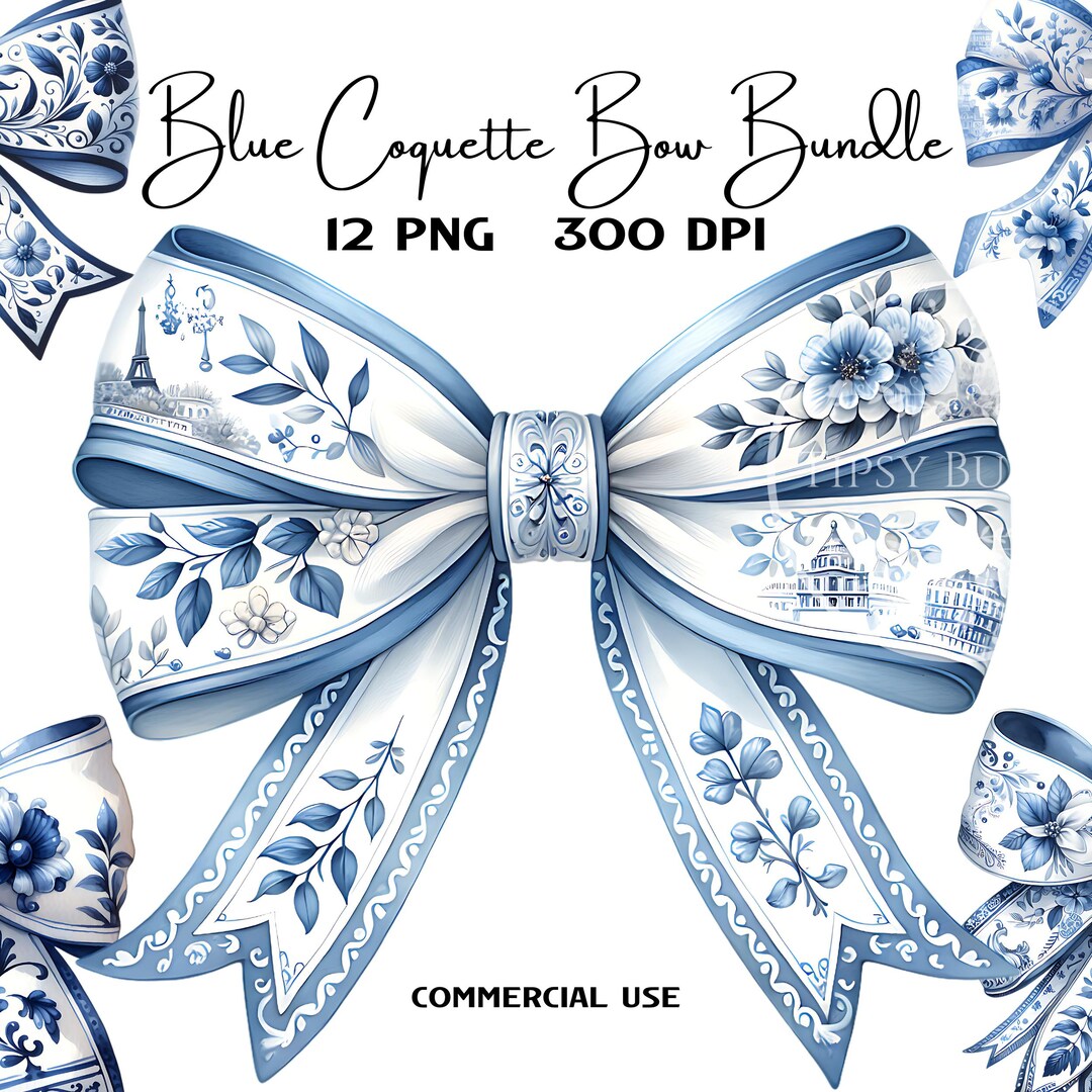 Blue Floral Bow Clipart Bundle: Coquette Watercolor PNG (digital ...