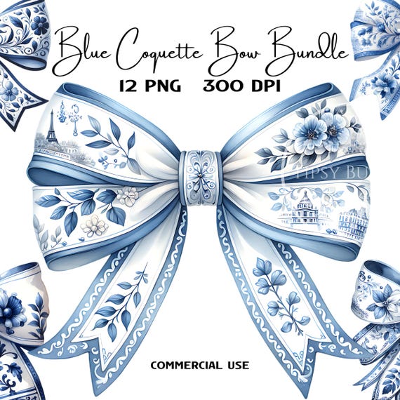Blue Floral Bow Clipart Bundle: Coquette Watercolor PNG (Digital Download)